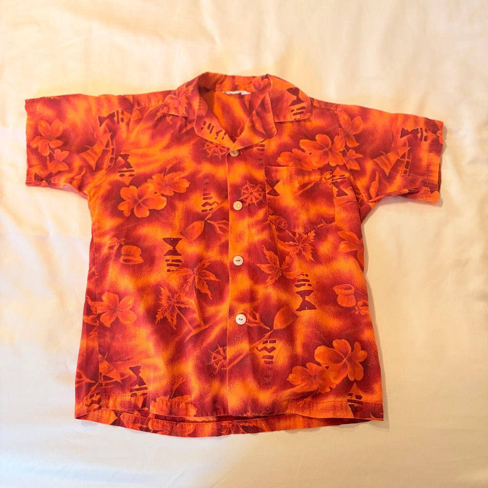Hilo Hattie Men S Orange Red Tropical Hibiscus Tiki Short Sleeve Button Shirt